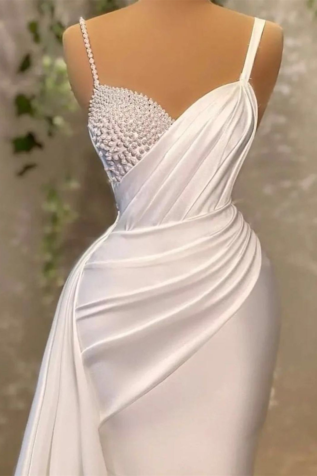 White Spaghetti Strap Mermaid Evening Dress with Pearls-Evening Dresses-BallBride