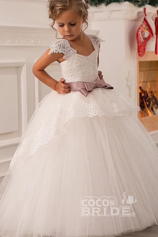 White Square Neck Lace Flower Girls Dress with Cap Sleeves Ball Gown-flower girl dresses-BallBride