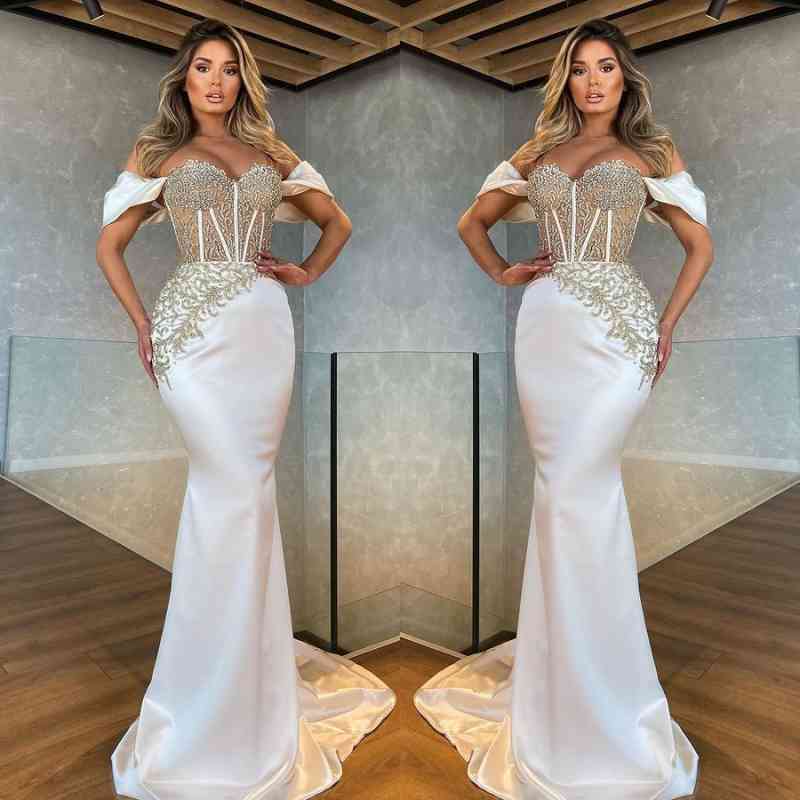White Sweetheart Mermaid Evening Dress with Appliques-Evening Dresses-BallBride