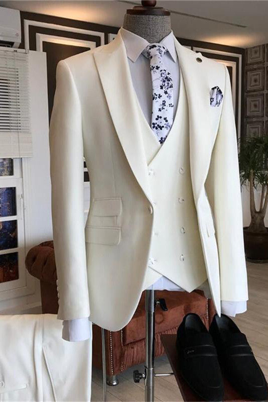 White Three Pieces Peaked Lapel Bespoke Suits for Men | Perfect for Wedding & Prom-Wedding Suits-BallBride