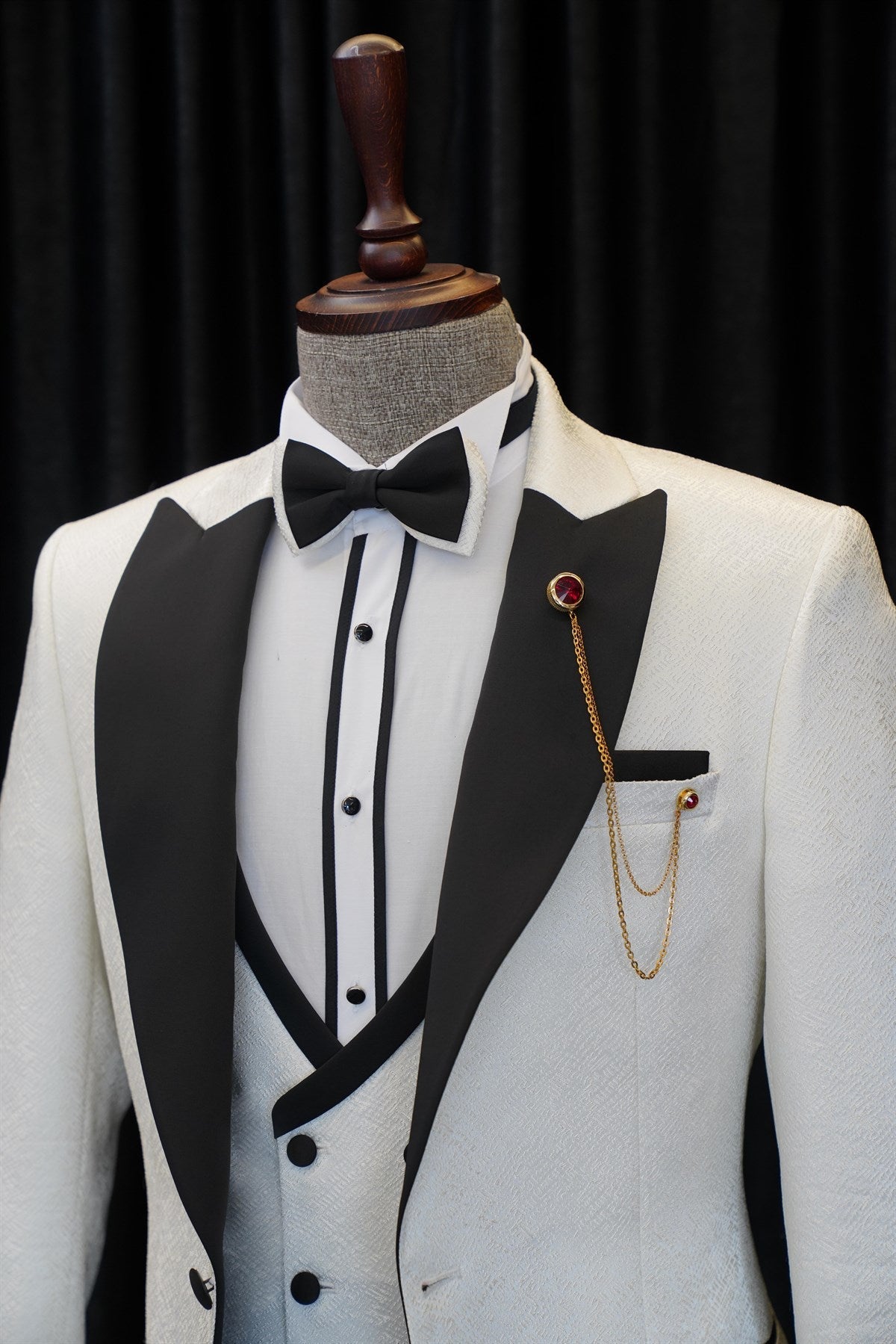 White Three Pieces Wedding Men Suits with Black Peaked Lapel by Antony Fashion-Wedding Suits-BallBride