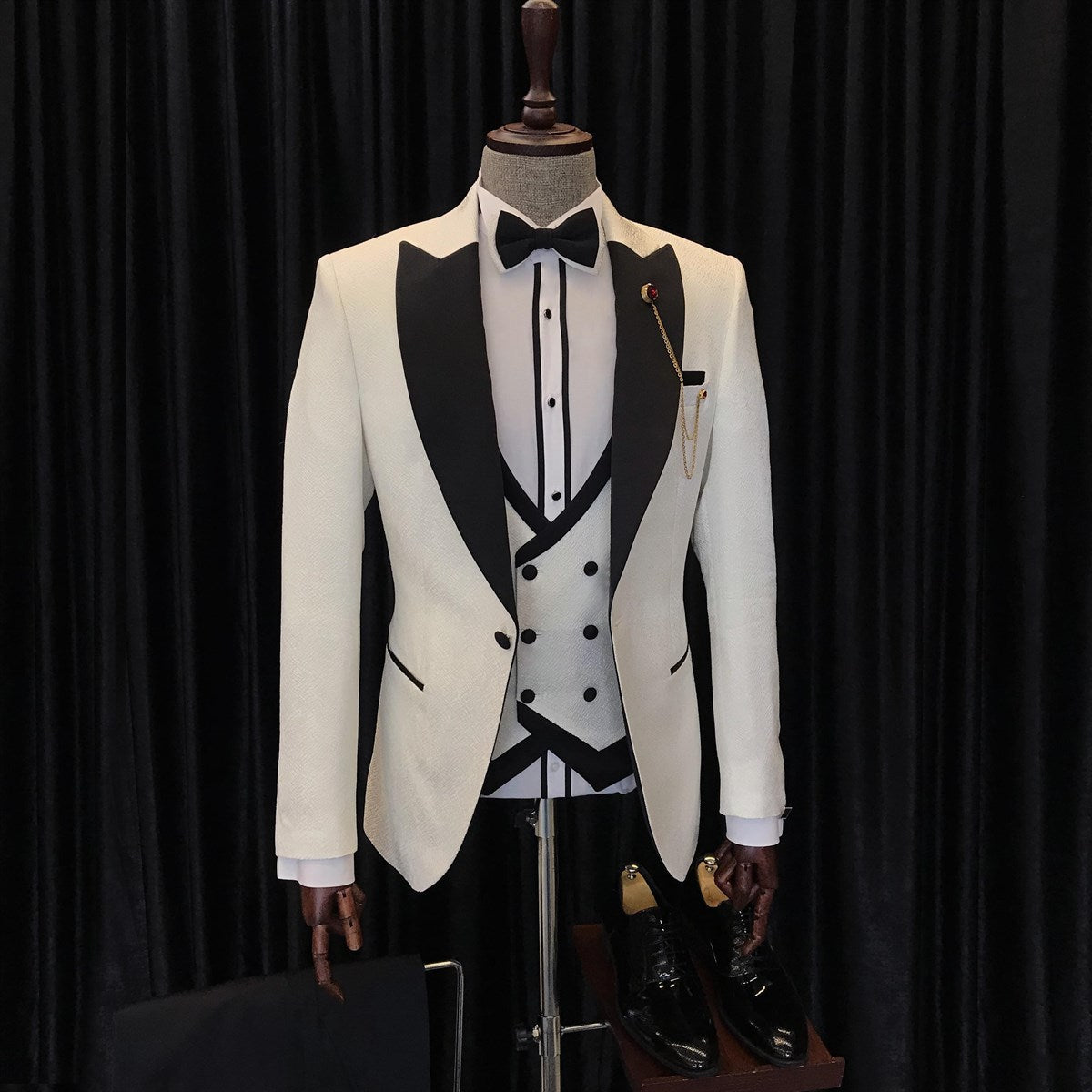 White Three Pieces Wedding Men Suits with Black Peaked Lapel by Antony Fashion-Wedding Suits-BallBride