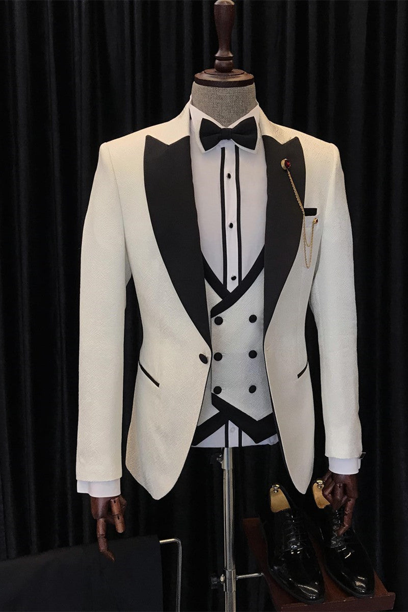 White Three Pieces Wedding Men Suits with Black Peaked Lapel by Antony Fashion-Wedding Suits-BallBride