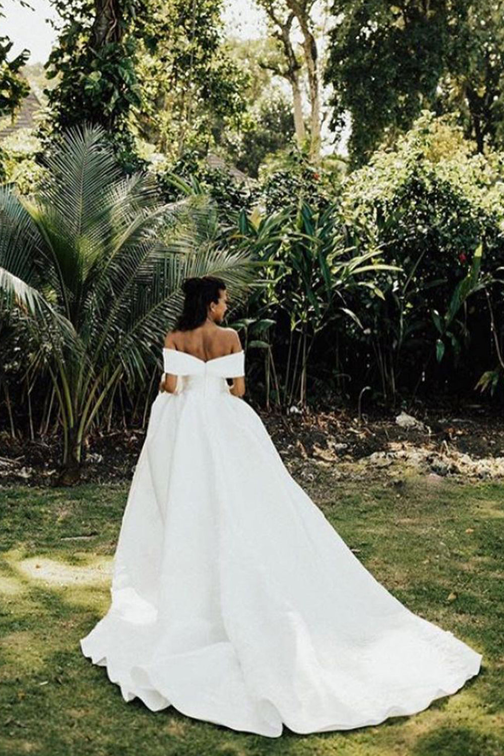 White V-Neck Off The Shoulder Ball Gown Wedding Dress with Lace-Wedding Dresses-BallBride