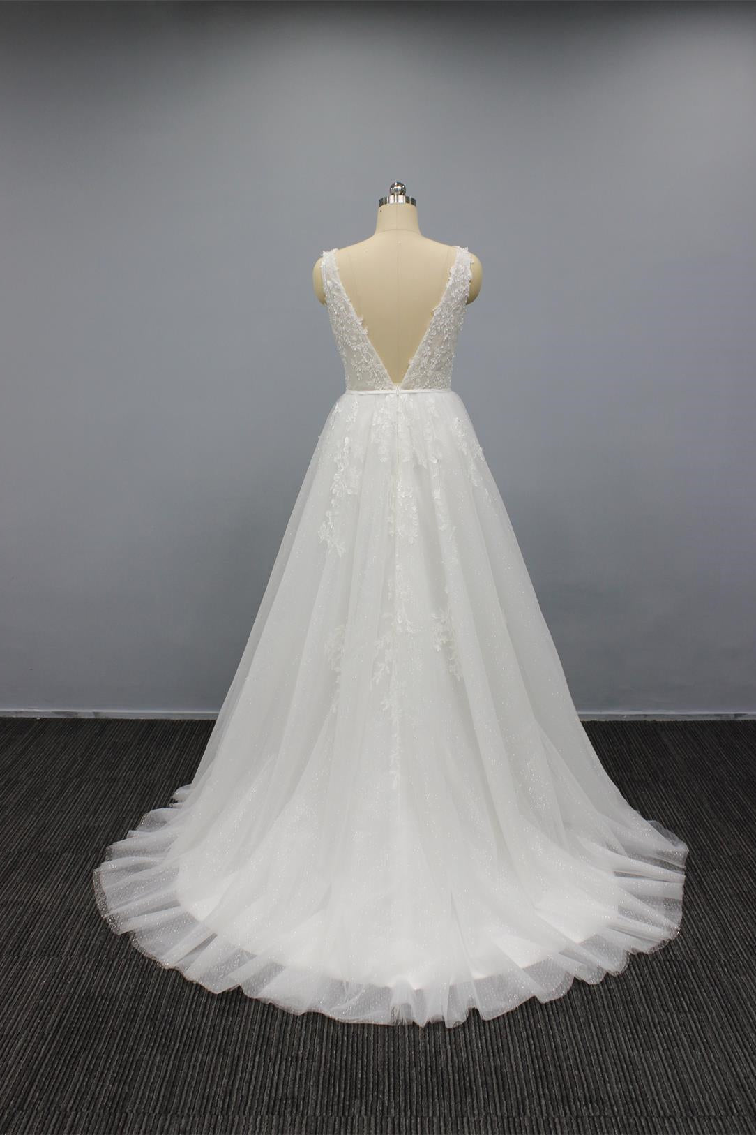 White V Neck Tulle Wedding Dress with Flower Appliques & Beaded Open Back-Wedding Dresses-BallBride