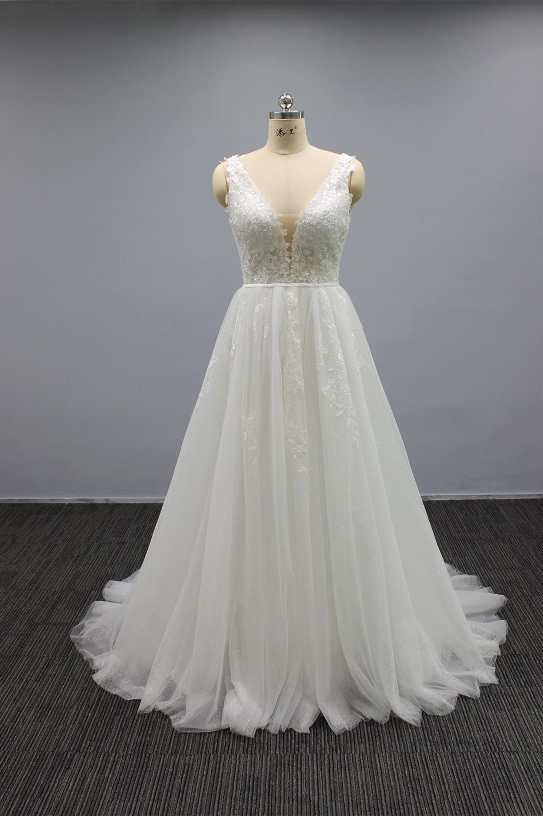 White V Neck Tulle Wedding Dress with Flower Appliques & Beaded Open Back-Wedding Dresses-BallBride