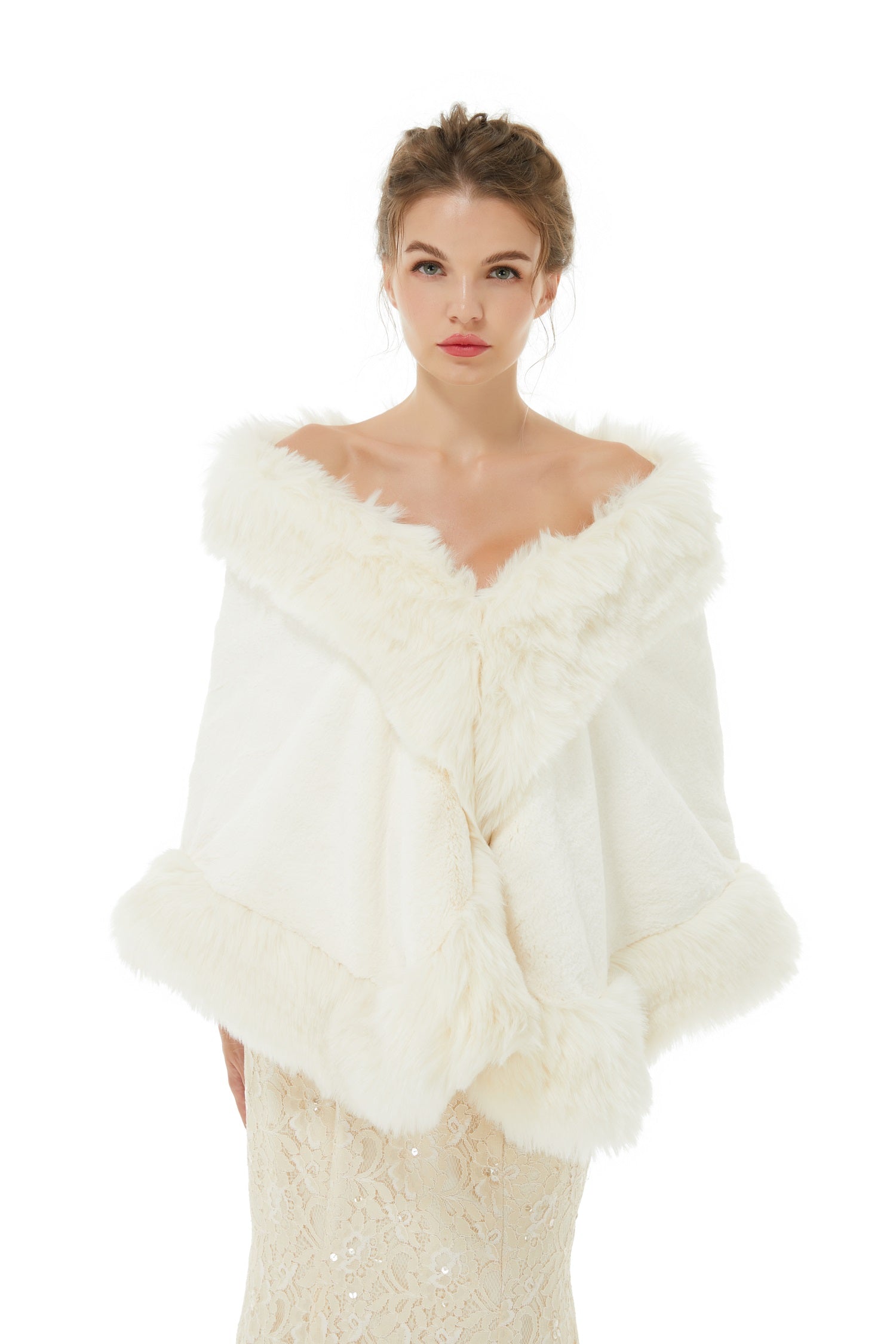 White Winter Faux Fur Wedding Wrap for Brides-Faux Fur Wraps-BallBride