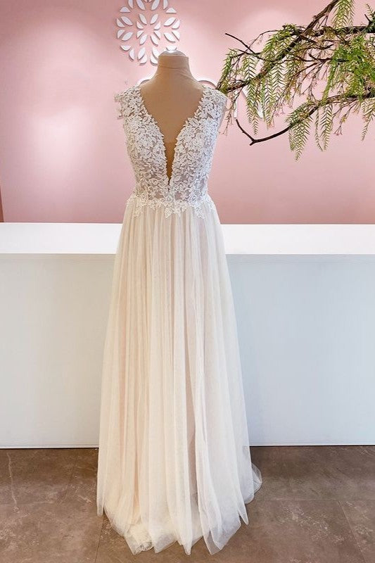 Wide Straps A-Line Floor-Length Wedding Dress with Floral Lace Tulle Ruffles & Backless Design-Wedding Dresses-BallBride