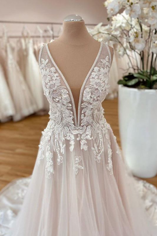 Wide Straps A-Line Tulle Floor-length Wedding Dress with Floral Lace-Wedding Dresses-BallBride