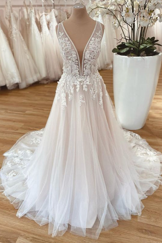 Wide Straps A-Line Tulle Floor-length Wedding Dress with Floral Lace-Wedding Dresses-BallBride