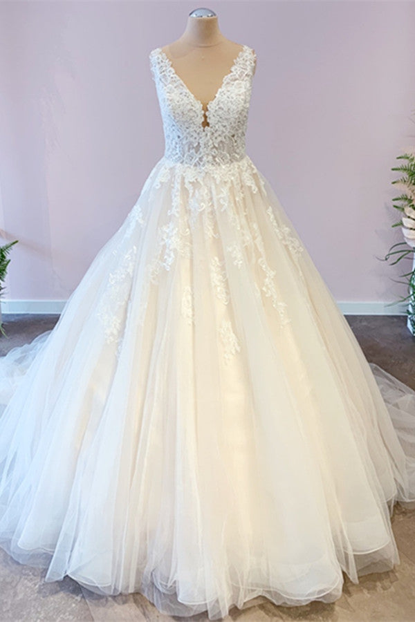 Wide Straps Tulle Wedding Dress With Appliques Lace for A-Line Floor-length Look-Wedding Dresses-BallBride