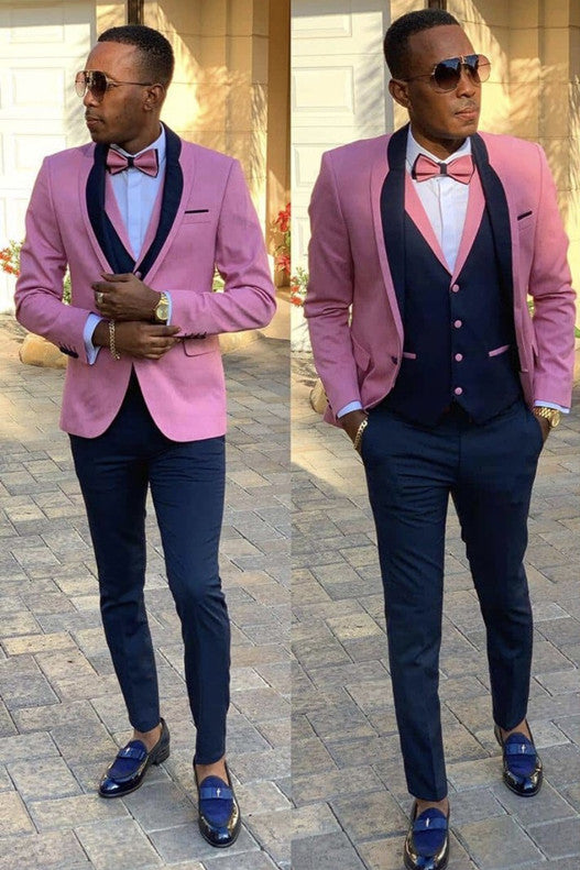 Willie Pink Men Suits - Easy Fit Shawl Lapel Three Pieces-Wedding Suits-BallBride