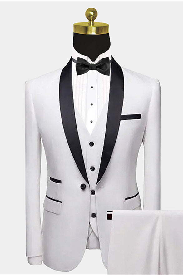 Will's Classic White Wedding Tuxedo with Black Satin Shawl Lapel and Pocket Edge-Wedding Suits-BallBride