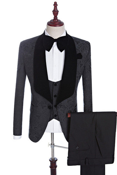 Xander Black Jacquard Three-Piece Shawl Lapel Wedding Suit for Men-Wedding Suits-BallBride