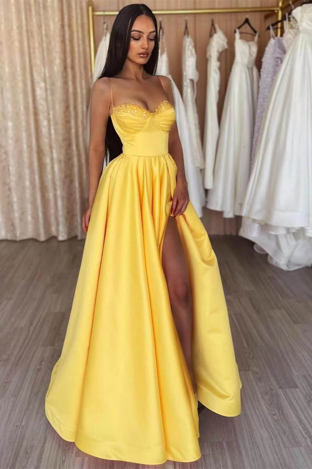 Yellow A-Line Evening Dress with Spaghetti Straps-BallBride