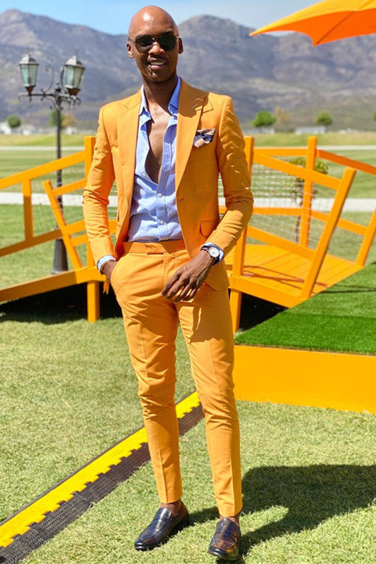 Yellow Beach Wedding Suit for Groom with Peaked Lapel-Prom Suits-BallBride
