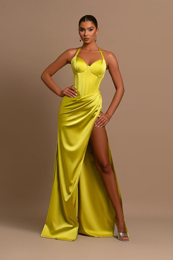 Yellow Halter Neck Mermaid Prom Dress With Split-BallBride