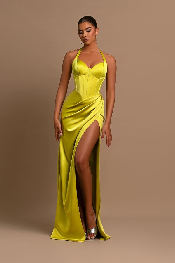 Yellow Halter Neck Mermaid Prom Dress With Split-BallBride