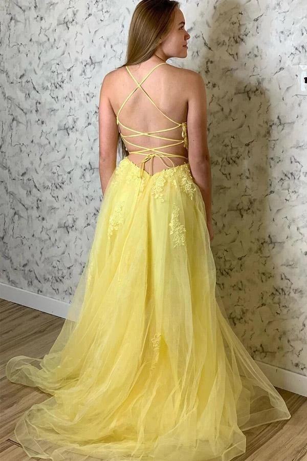 Yellow Long Evening Dress with Spaghetti-Straps Lace Appliques-Occasion Dress-BallBride