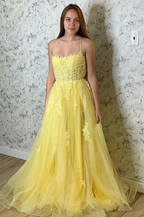 Yellow Long Evening Dress with Spaghetti-Straps Lace Appliques-Occasion Dress-BallBride