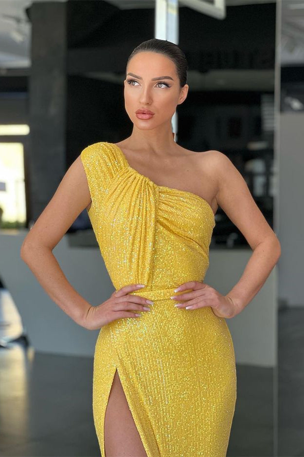 Yellow Mermaid Evening Dress With Sequins and Split-Evening Dresses-BallBride