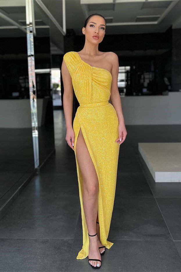 Yellow Mermaid Evening Dress With Sequins and Split-Evening Dresses-BallBride