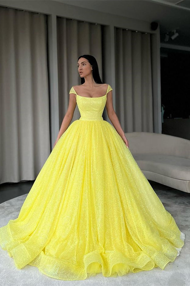 Yellow Sequins Ball Gown Off-The-Shoulder Evening Dress-Evening Dresses-BallBride