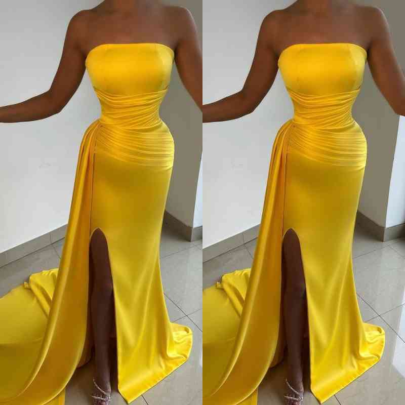 Yellow Strapless Prom Dress Court With Split-BallBride