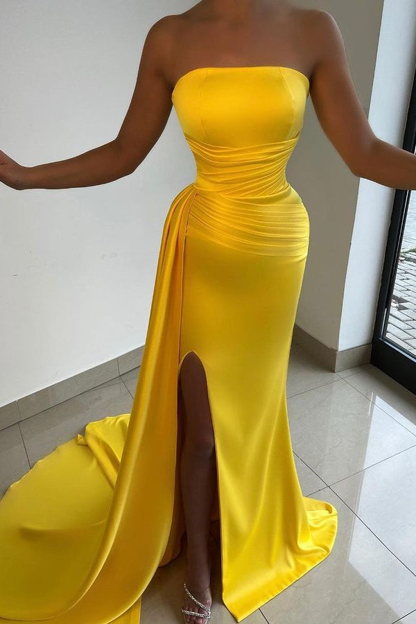 Yellow Strapless Prom Dress Court With Split-BallBride