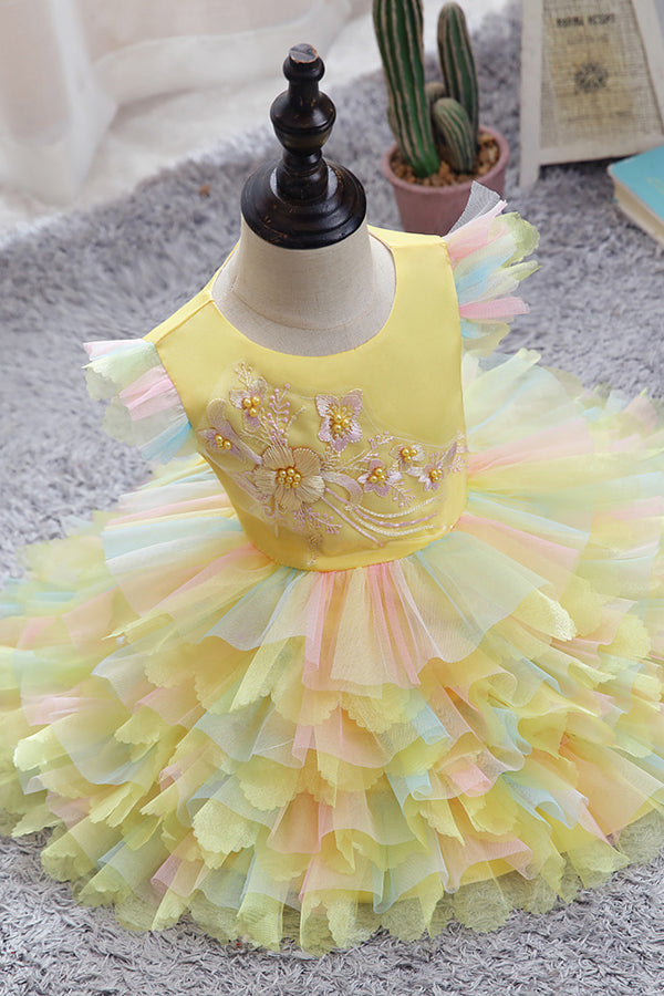 Yellow Tulle Ruffles Flower Girl Dress for Weddings with Appliques-flower girl dresses-BallBride