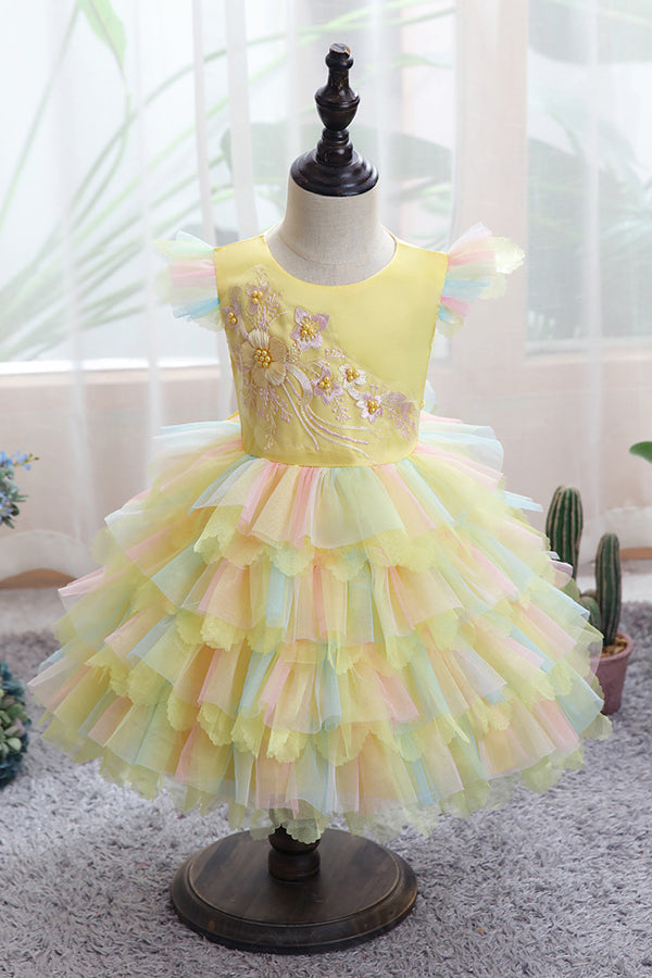 Yellow Tulle Ruffles Flower Girl Dress for Weddings with Appliques-flower girl dresses-BallBride