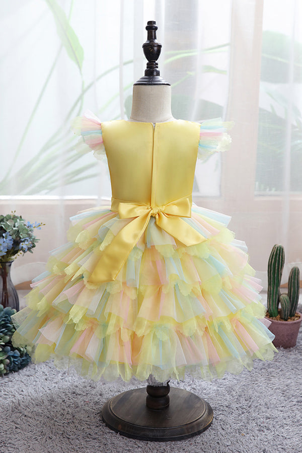 Yellow Tulle Ruffles Flower Girl Dress for Weddings with Appliques-flower girl dresses-BallBride