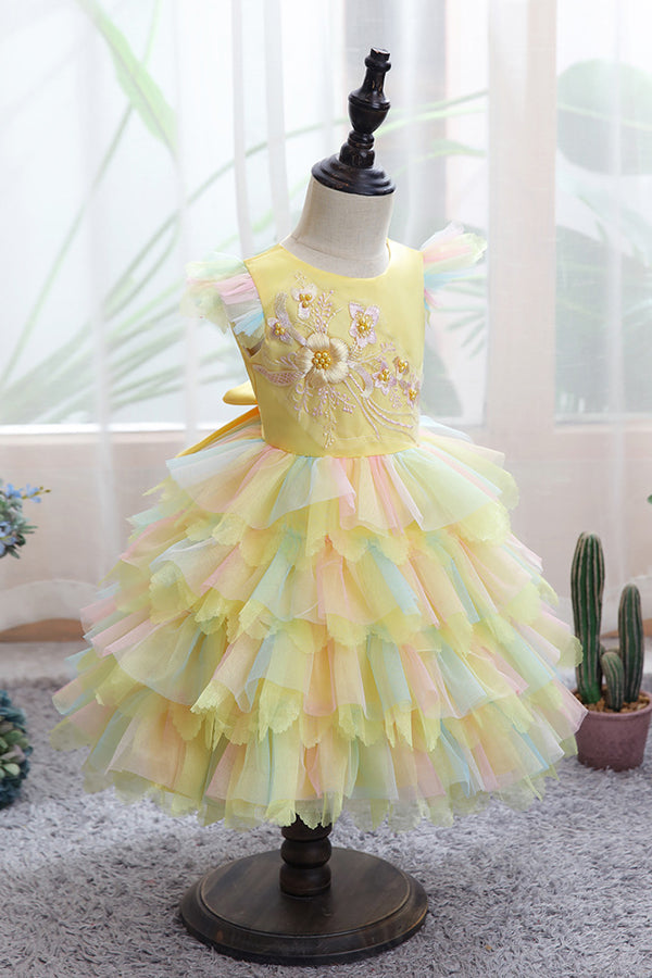 Yellow Tulle Ruffles Flower Girl Dress for Weddings with Appliques-flower girl dresses-BallBride